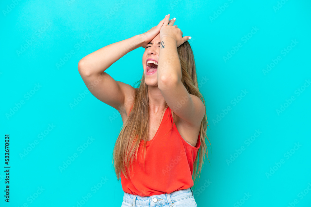 Young caucasian woman isolated on blue background stressed overwhelmed Young caucasian woman isolated on blue background stressed overwhelmed