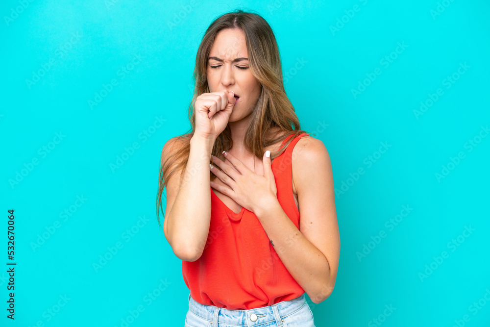 Young caucasian woman isolated on blue background coughing a lot Young caucasian woman isolated on blue background coughing a lot