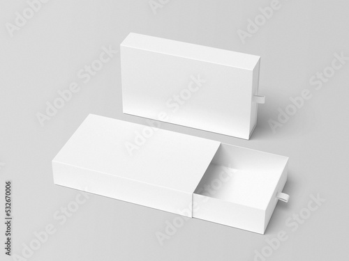 Two sliding drawer box packaging mockups. 3D illustration object. Perspective view.