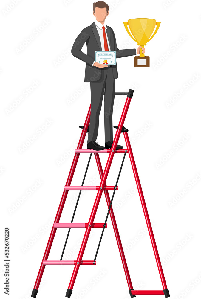 Businessman on ladder with trophy and certificate