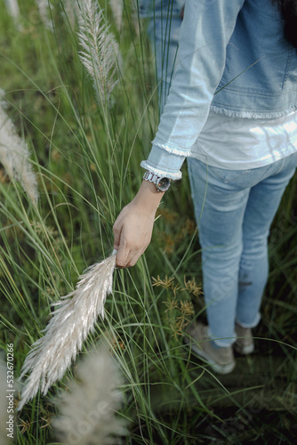 A beautiful shot of a happy couple holding hands while walking in green grass ... "selective focus" "shallow depth of field" "follow focus" or " blur".