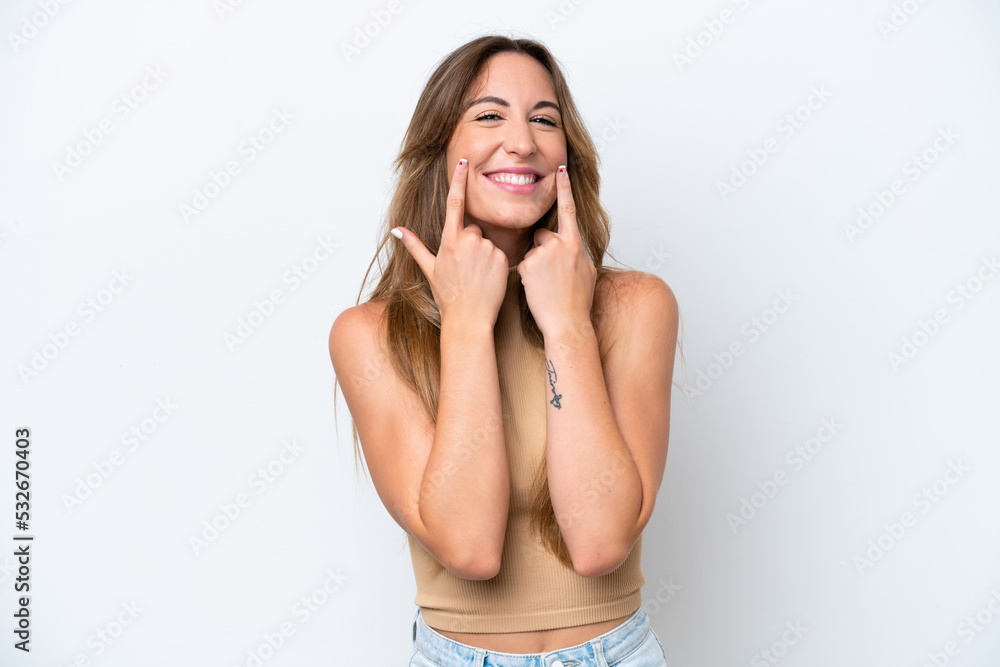 Fototapeta premium Young caucasian woman isolated on white background smiling with a happy and pleasant expression