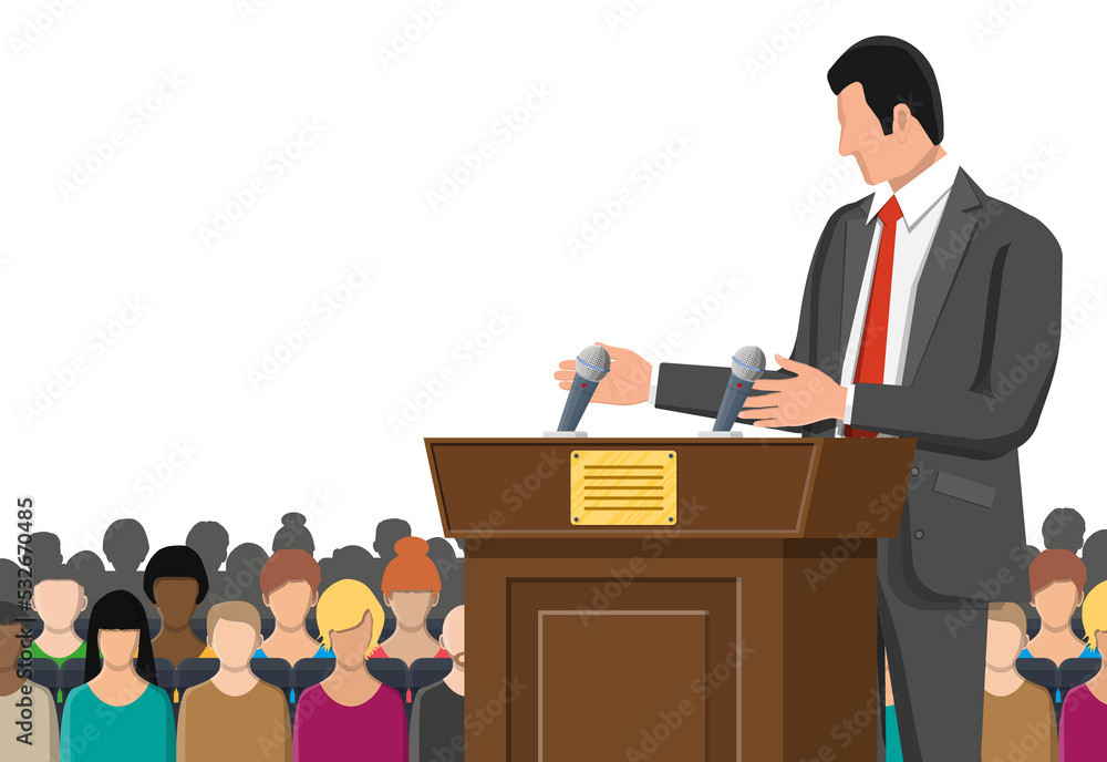 Brown wooden rostrum with microphones Brown wooden rostrum with microphones