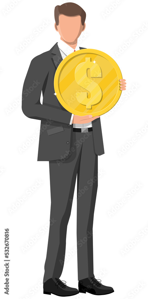 Successful businessman holding big dollar coin Successful businessman holding big dollar coin