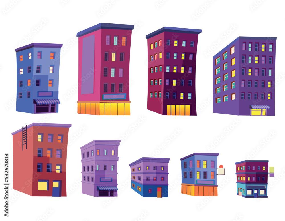 Set of elements for city with houses, shops, cafe, hotel, bank.Vector illustration in flat style. Background for games and mobile applications.