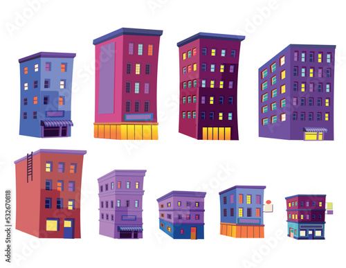 Fototapeta Naklejka Na Ścianę i Meble -  Set of elements for city with houses, shops, cafe, hotel, bank.Vector illustration in flat style. Background for games and mobile applications.
