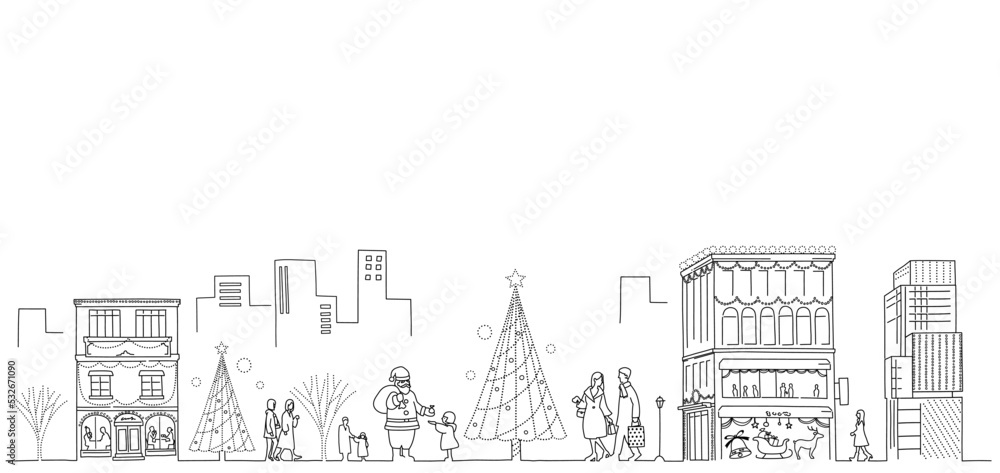 冬の街並みとクリスマスツリーのイルミネーション　背景素材