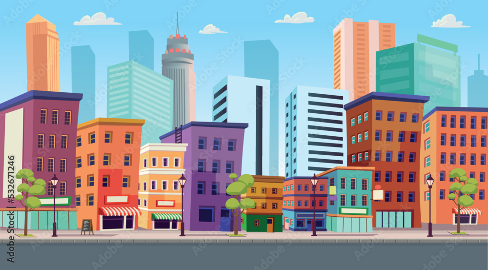 City building houses with shops, cafe, hotel, bank.Vector illustration in flat style. Background for games and mobile applications. City building houses with shops, cafe, hotel, bank.Vector illustration in flat style. Background for games and mobile applications.