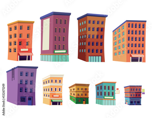 Set of elements for city with houses, shops, cafe, hotel, bank.Vector illustration in flat style. Background for games and mobile applications.