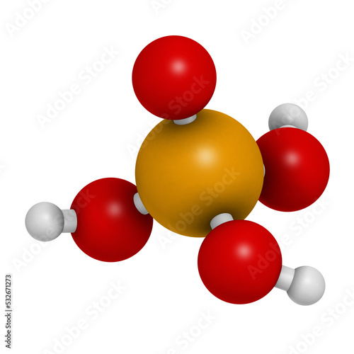 Phosphoric acid mineral acid molecule. Used in fertilizer production, biological buffers, as food additive, etc. 3D rendering. Atoms are represented as spheres with conventional color coding