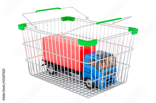 Container truck inside shopping basket, 3D rendering