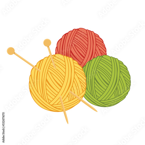 Balls of yarn with knitting needles isolated on white background. Clews, skeins of wool. Tools for knitwork, handicraft, crocheting, hand-knitting. Hobby. Vector illustration