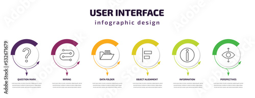 user interface infographic template with icons and 6 step or option. user interface icons such as question mark, wiring, data folder, object alignment, information, perspectives vector. can be used