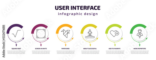 user interface infographic template with icons and 6 step or option. user interface icons such as square root, screen in white, paper bird, about successful man, add to favorite, news reporters