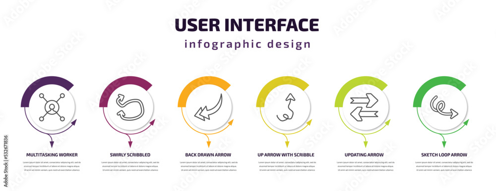 user interface infographic template with icons and 6 step or option. user interface icons such as multitasking worker, swirly scribbled arrow, back drawn arrow, up arrow with scribble, updating