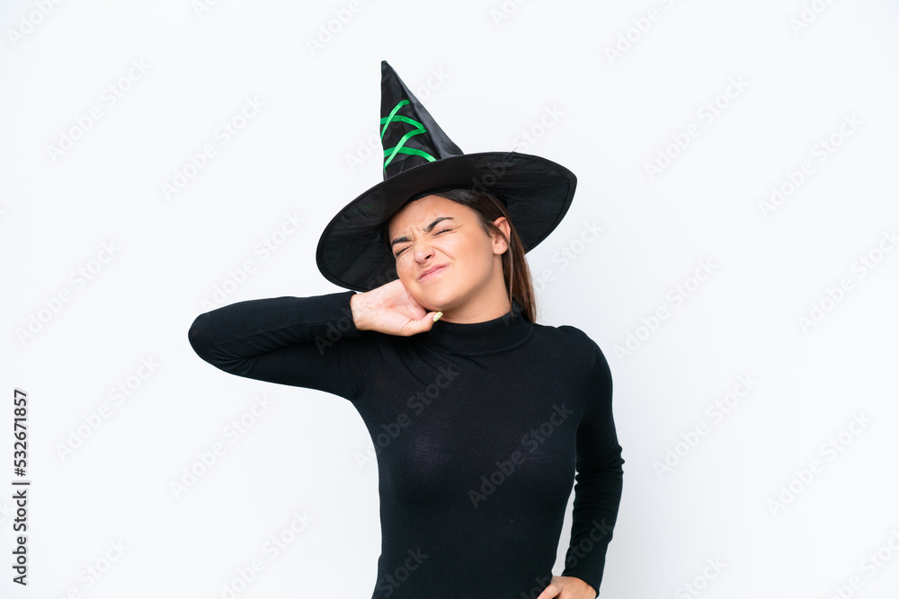 Young caucasian woman costume as witch isolated on white background with neckache Young caucasian woman costume as witch isolated on white background with neckache