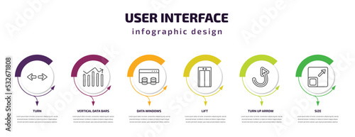 user interface infographic template with icons and 6 step or option. user interface icons such as turn, vertical data bars, data windows, lift, turn up arrow, size vector. can be used for banner,