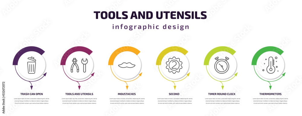 tools and utensils infographic template with icons and 6 step or option. tools and utensils icons such as trash can open, tools utensils, moustaches, second, timer round clock, thermometers vector.
