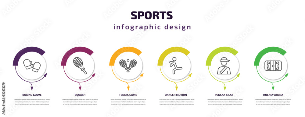 sports infographic template with icons and 6 step or option. sports icons such as boxing glove, squash, tennis game, dancer motion, pencak silat, hockey arena vector. can be used for banner, info