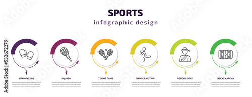 sports infographic template with icons and 6 step or option. sports icons such as boxing glove, squash, tennis game, dancer motion, pencak silat, hockey arena vector. can be used for banner, info