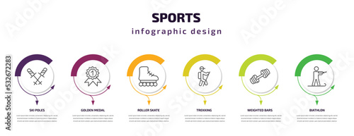 sports infographic template with icons and 6 step or option. sports icons such as ski poles, golden medal, roller skate, trekking, weighted bars, biathlon vector. can be used for banner, info graph,
