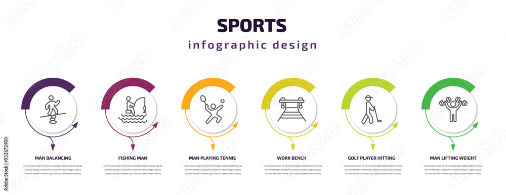 sports infographic template with icons and 6 step or option. sports icons such as man balancing, fishing man, man playing tennis, work bench, golf player hitting, lifting weight vector. can be used sports infographic template with icons and 6 step or option. sports icons such as man balancing, fishing man, man playing tennis, work bench, golf player hitting, lifting weight vector. can be used
