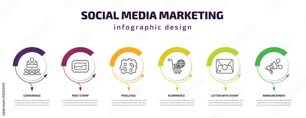 social media marketing infographic template with icons and 6 step or option. social media marketing icons such as conference, post stamp, pixelated, ecommerce, letter with stamp, announcement