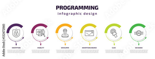 programming infographic template with icons and 6 step or option. programming icons such as encryption  visibility  developer  advertising bounce  click  seo badge vector. can be used for banner 