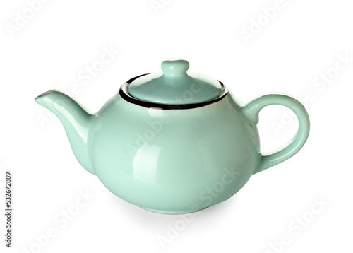 Stylish ceramic teapot on white background