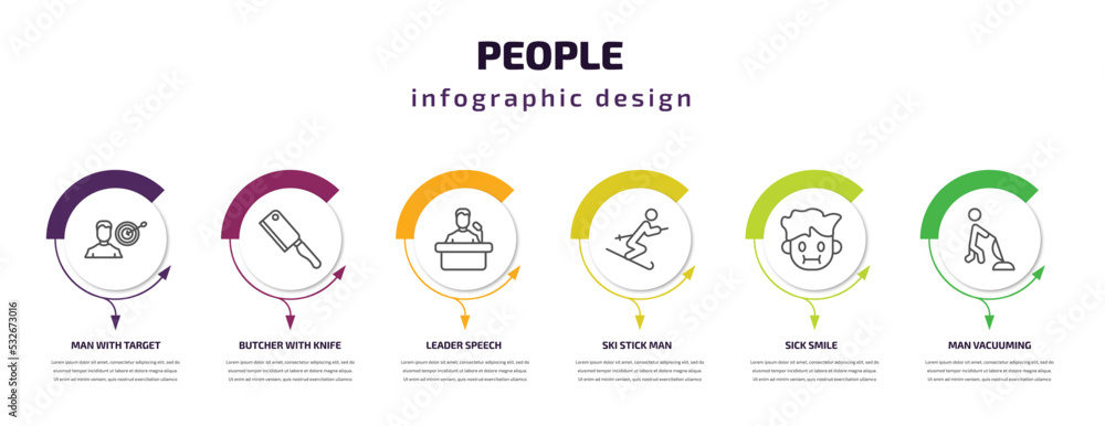 people infographic template with icons and 6 step or option. people icons such as man with target, butcher with knife, leader speech, ski stick man, sick smile, man vacuuming vector. can be used for