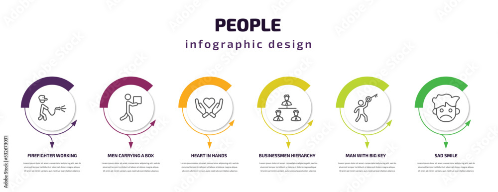 people infographic template with icons and 6 step or option. people icons such as firefighter working, men carrying a box, heart in hands, businessmen hierarchy, man with big key, sad smile vector.