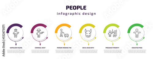 people infographic template with icons and 6 step or option. people icons such as napoleon figure, criminal heist, person mowing the grass, devil head with horns, pregnant priority, crucified pose