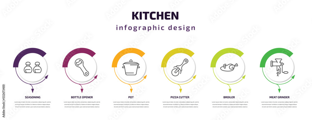 kitchen infographic template with icons and 6 step or option. kitchen icons such as seasoning, bottle opener, pot, pizza cutter, broiler, meat grinder vector. can be used for banner, info graph,