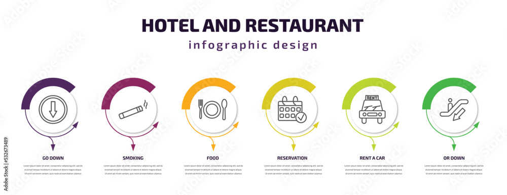 hotel and restaurant infographic template with icons and 6 step or option. hotel and restaurant icons such as go down, smoking, food, reservation, rent a car, or down vector. can be used for banner,