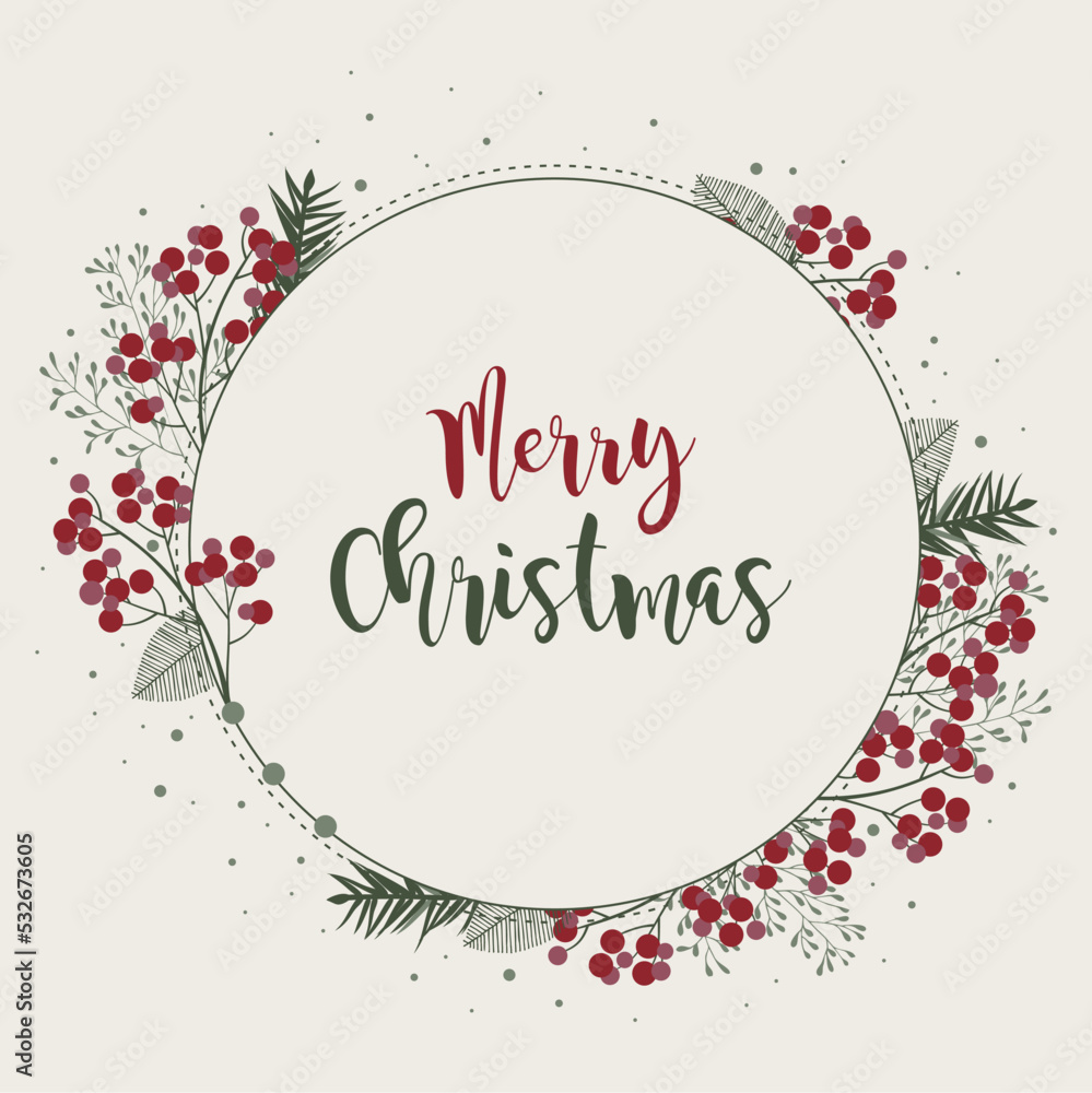 Winter wreath with red berries and pine twigs. Modern design for Holidays invitation card, poster, banner, greeting card, postcard, packaging, print. Vector illustration. Winter wreath with red berries and pine twigs. Modern design for Holidays invitation card, poster, banner, greeting card, postcard, packaging, print. Vector illustration.