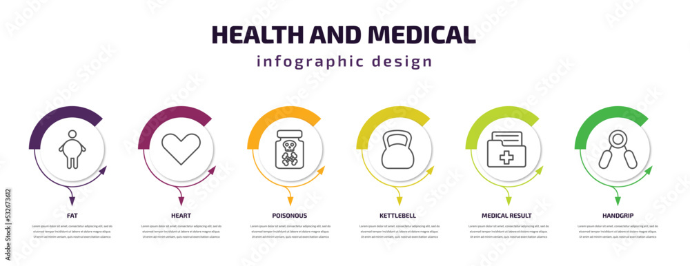health and medical infographic template with icons and 6 step or option. health and medical icons such as fat, heart, poisonous, kettlebell, medical result, handgrip vector. can be used for banner, health and medical infographic template with icons and 6 step or option. health and medical icons such as fat, heart, poisonous, kettlebell, medical result, handgrip vector. can be used for banner,