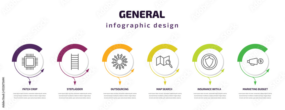 general infographic template with icons and 6 step or option. general icons such as patch crop, stepladder, outsourcing, map search, insurance with a button, marketing budget vector. can be used for