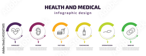 health and medical infographic template with icons and 6 step or option. health and medical icons such as cardiology, microbe, fast food, punching bag, spermatozoon, band aid vector. can be used for