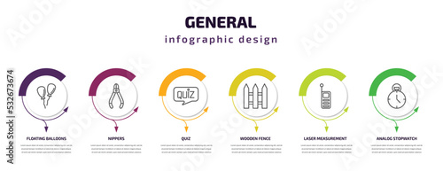 general infographic template with icons and 6 step or option. general icons such as floating balloons, nippers, quiz, wooden fence, laser measurement, analog stopwatch vector. can be used for
