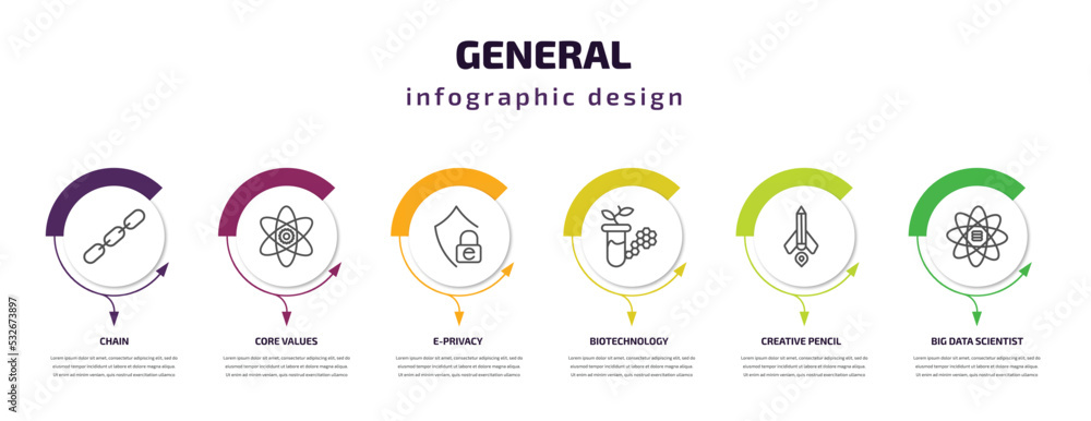 general infographic template with icons and 6 step or option. general icons such as chain, core values, e-privacy, biotechnology, creative pencil rocket, big data scientist vector. can be used for