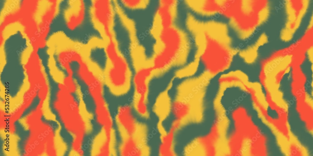 Abstract hippie blurred seamless pattern. Watercolor stains in green, yellow and red colors. Soft colorful waves