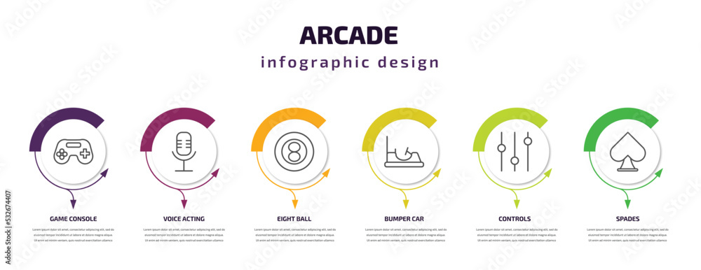 arcade infographic template with icons and 6 step or option. arcade icons such as game console, voice acting, eight ball, bumper car, controls, spades vector. can be used for banner, info graph, arcade infographic template with icons and 6 step or option. arcade icons such as game console, voice acting, eight ball, bumper car, controls, spades vector. can be used for banner, info graph,
