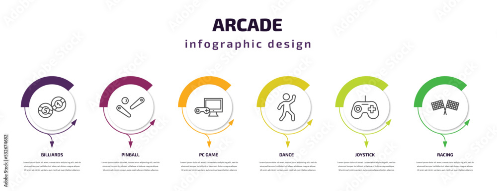 arcade infographic template with icons and 6 step or option. arcade icons such as billiards, pinball, pc game, dance, joystick, racing vector. can be used for banner, info graph, web, presentations. arcade infographic template with icons and 6 step or option. arcade icons such as billiards, pinball, pc game, dance, joystick, racing vector. can be used for banner, info graph, web, presentations.