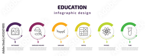 education infographic template with icons and 6 step or option. education icons such as dictionary, sherlock holmes, garland, maths, physics, tube vector. can be used for banner, info graph, web,
