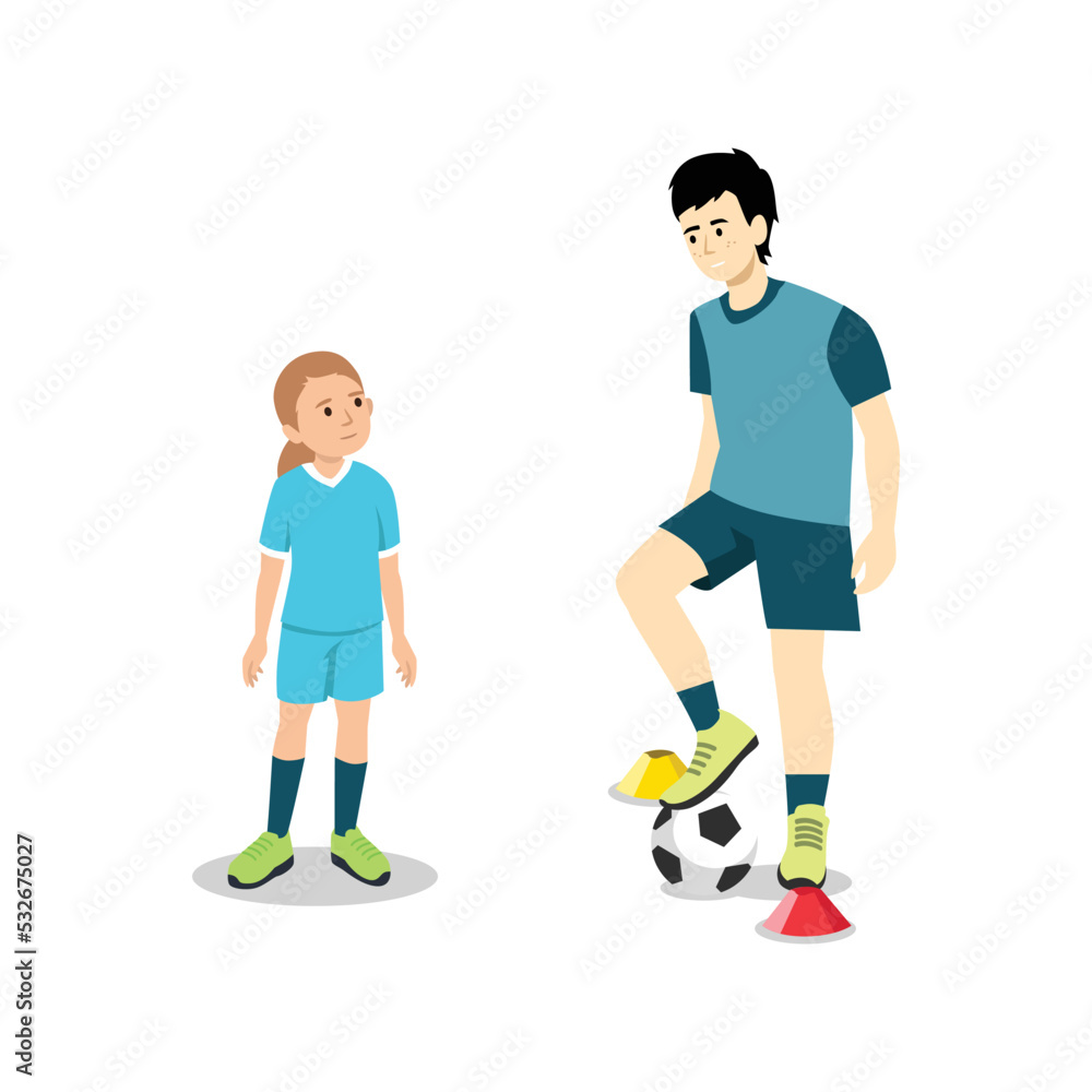 Football or soccer coach and a girl communicating. Positive communication of multinational friends. People conversation. Flat vector illustration isolated on white background