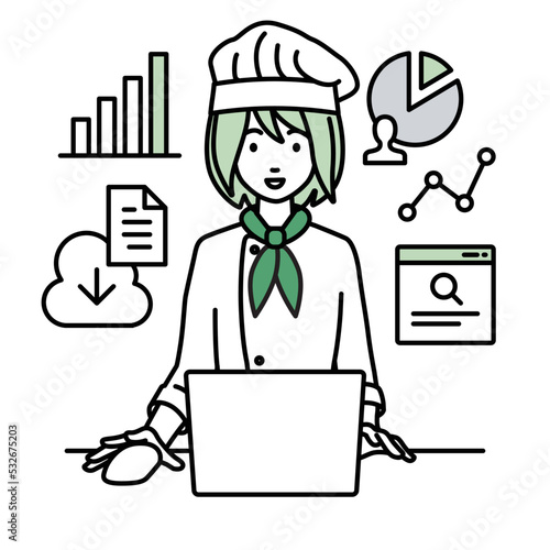 デスクでPCを前にリサーチ・データ分析・レポート作成をしている調理師の女性