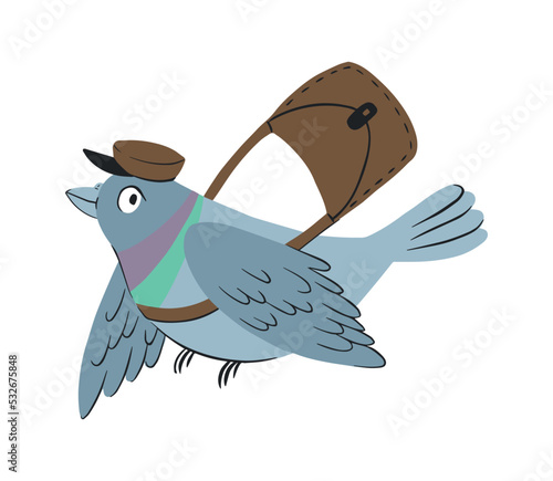 Gray pigeon postman flies with a bag. The bird delivers letters. Pigeon mail. 
