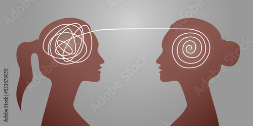 Human heads silhouette psychotherapy concept for psychologist blog. Therapist and patient. Process of solving problem, brainstorm or mind discovery. Abstract concept tangled brain. Vector illustration