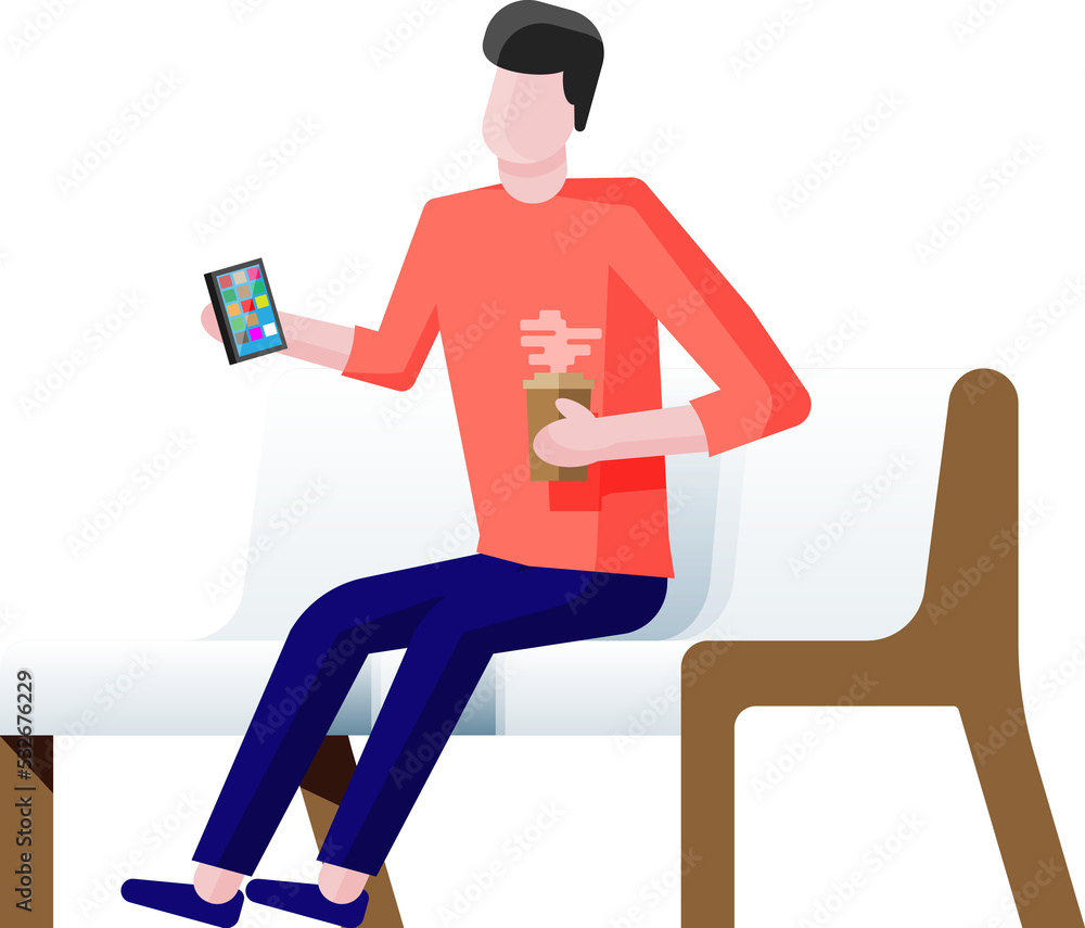 Character sitting on bench and surfing Internet Character sitting on bench and surfing Internet