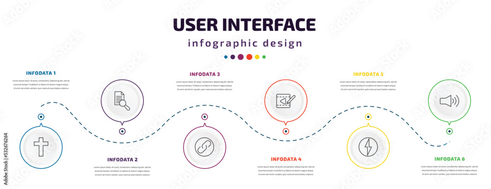 user interface infographic element with icons and 6 step or option. user interface icons such as cross, search file, link button, video edition, lightning flash, high volume loudspeaker vector. can user interface infographic element with icons and 6 step or option. user interface icons such as cross, search file, link button, video edition, lightning flash, high volume loudspeaker vector. can